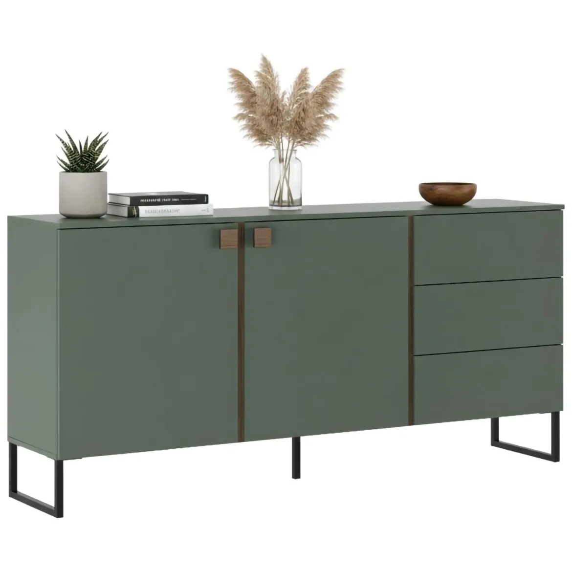 Credenza Verde Marrone Rovere 3 Cassetti 2 Ripiani 184x40x86h cm, Apertura Battente - Camere