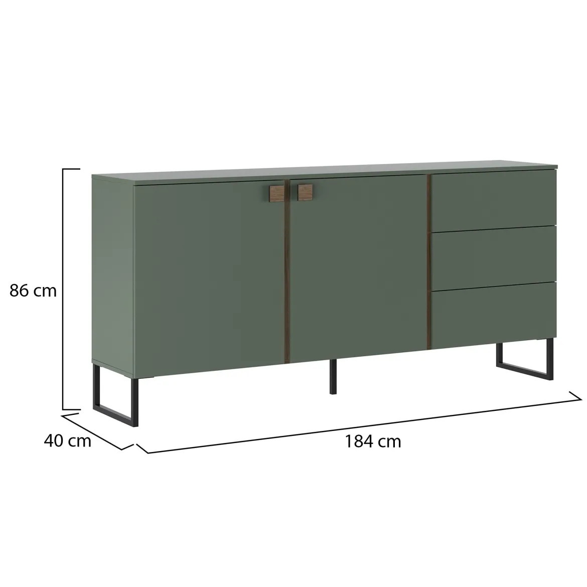Credenza Verde Marrone Rovere 3 Cassetti 2 Ripiani 184x40x86h cm, Apertura Battente - Camere