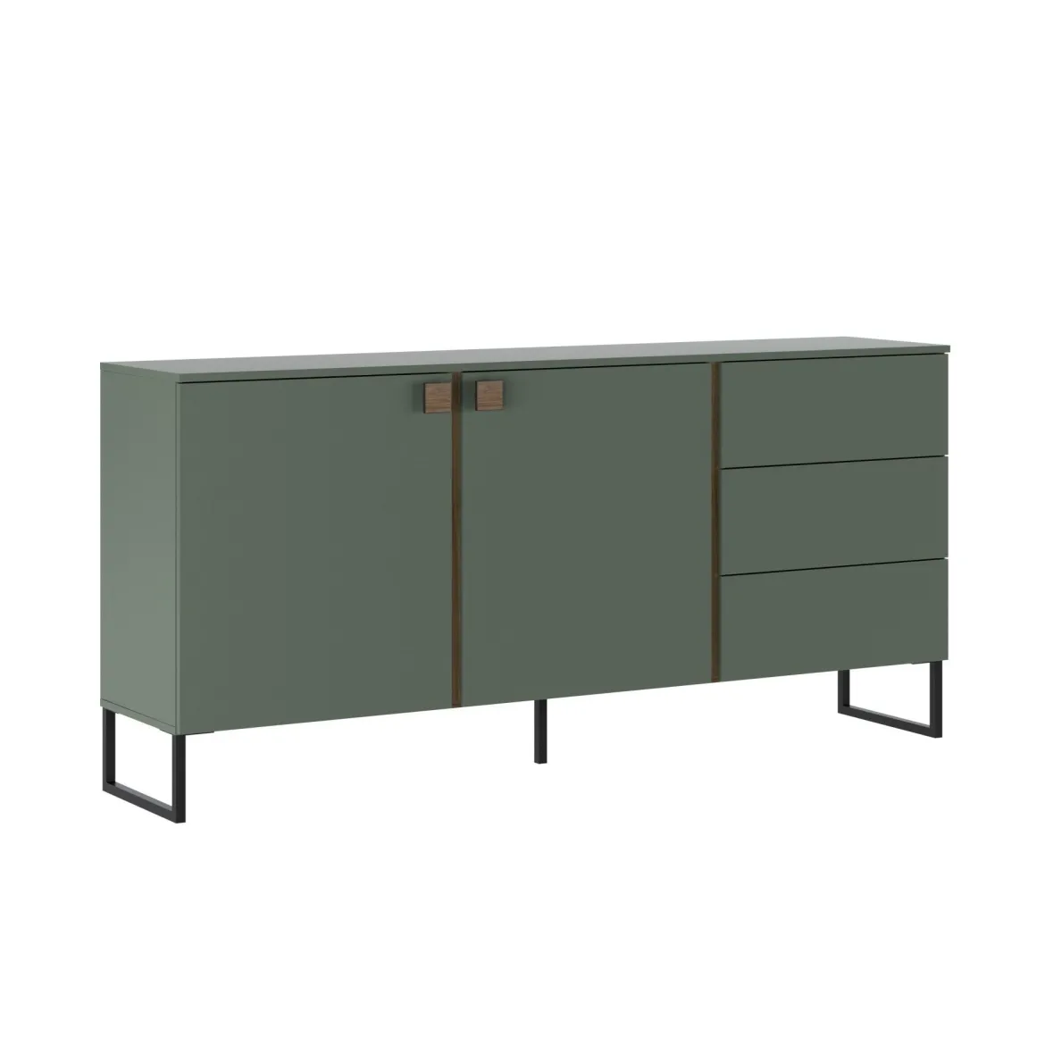Credenza Verde Marrone Rovere 3 Cassetti 2 Ripiani 184x40x86h cm, Apertura Battente - Camere