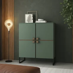 Credenza Verde Marrone Rovere 4 Ripiani 8 Vani 108x40x144h cm, 4 Ante - Guerina