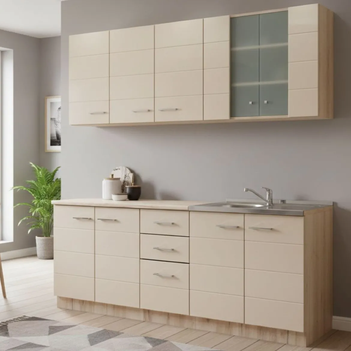Cucina Beige Marrone Rovere 2 Cassetti 9 Ripiani, 10 Ante - Ieri