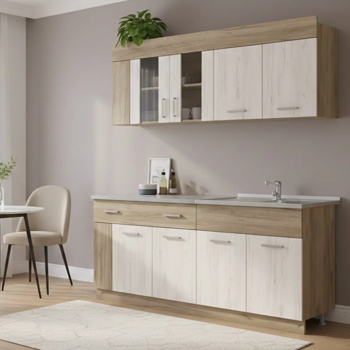 Cucina Beige Marrone Rovere un Cassetto 4 Ripiani, 8 Ante - Interamna