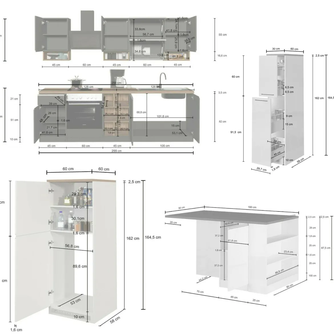Cucina Bianco Lucido Grigio Ardesia Modulabile 29 Ripiani, 3 Cassetti Made in Italy - Balme