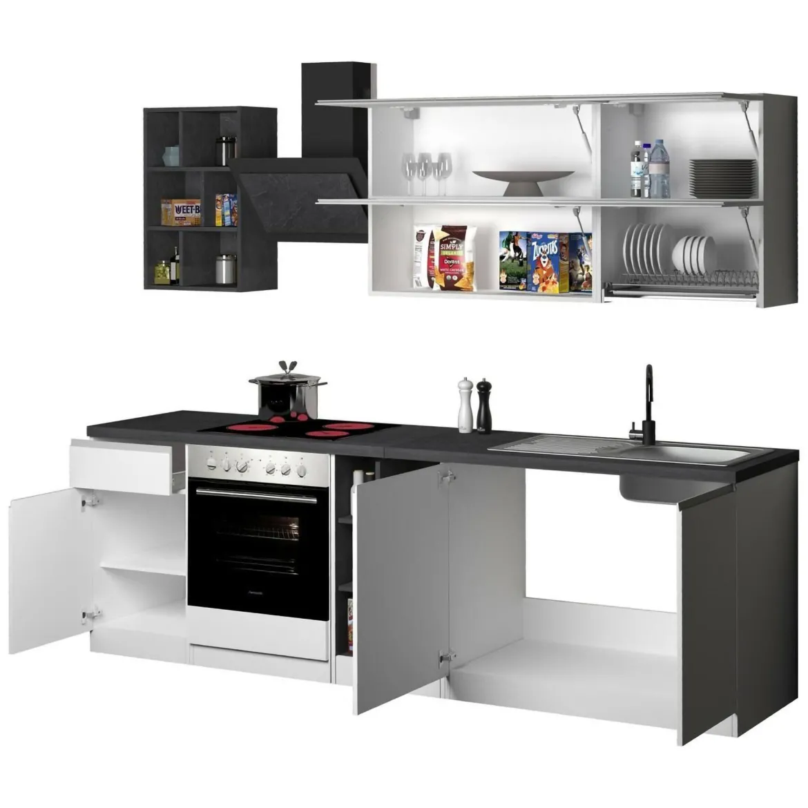 Cucina Bianco Lucido Grigio Ardesia un Cassetto 13 Ripiani, Modulabile Made in Italy - Fonti