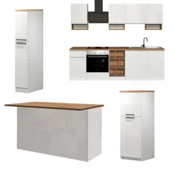 Cucina Bianco Lucido Marrone Rovere 3 Cassetti 30 Ripiani, Modulabile Made in Italy - Armend