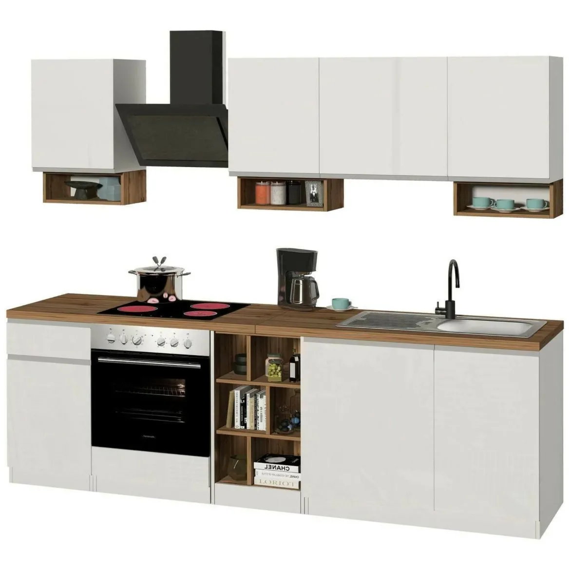 Cucina Bianco Lucido Marrone Rovere un Cassetto 19 Ripiani, Modulabile Made in Italy - Attimis