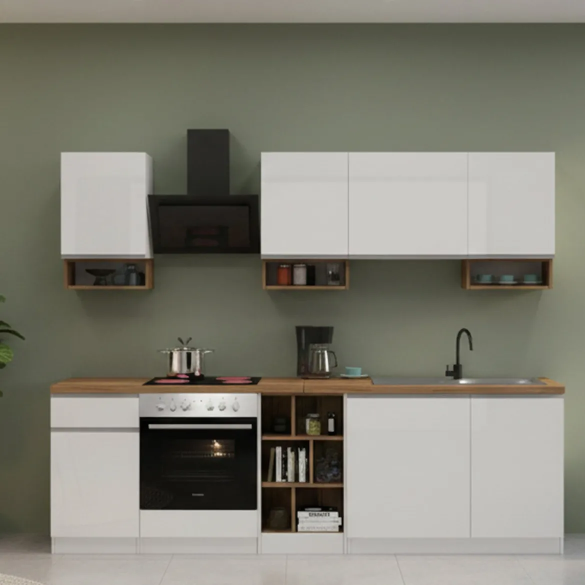 Cucina Bianco Lucido Marrone Rovere un Cassetto 19 Ripiani, Modulabile Made in Italy - Attimis