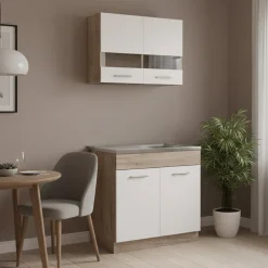 Cucina Bianco Marrone Rovere 2 Ripiani 4 Ante, Fori Piano Cottura e Lavello a Carico del Cliente - Taurano