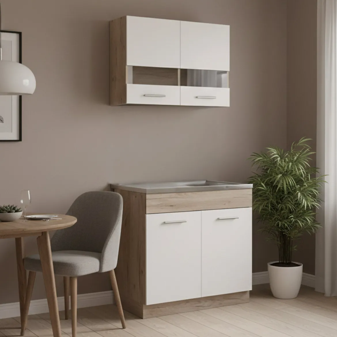 Cucina Bianco Marrone Rovere 3 Cassetti 3 Ripiani, Apertura Battente, Scorrevole - Orlaya