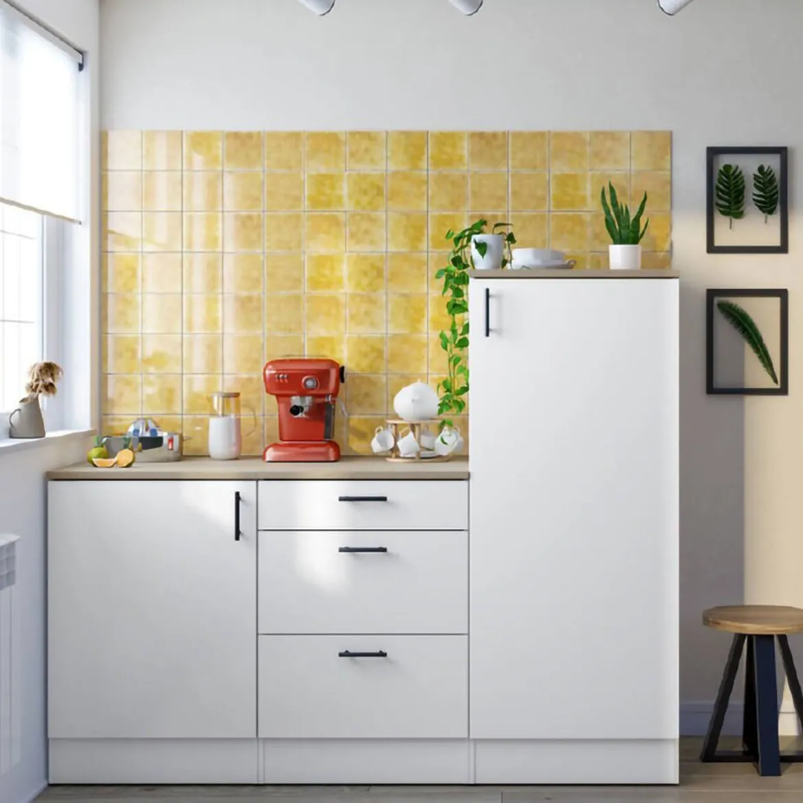 Cucina Bianco Marrone Rovere 4 Cassetti 5 Ripiani, Apertura Battente, Scorrevole - Althenis