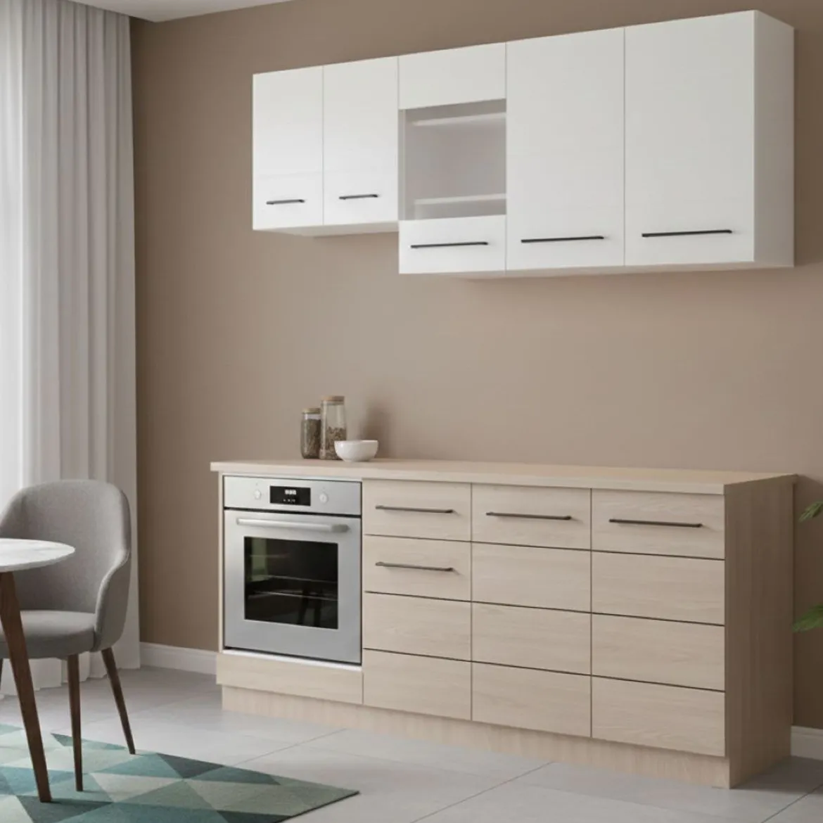 Cucina Bianco Marrone Rovere un Cassetto 3 Ripiani, 8 Ante - Solarolo