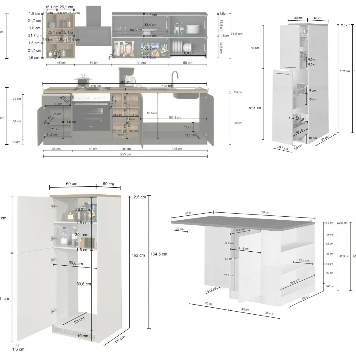 Cucina Grigio Ardesia Grigio Ardesia 3 Cassetti 31 Ripiani, Modulabile Made in Italy - Arlo