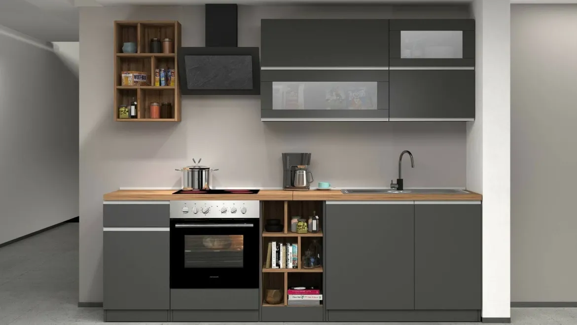 Cucina Grigio Ardesia Marrone Rovere un Cassetto 19 Ripiani, 7 Ante Made in Italy - Attimis