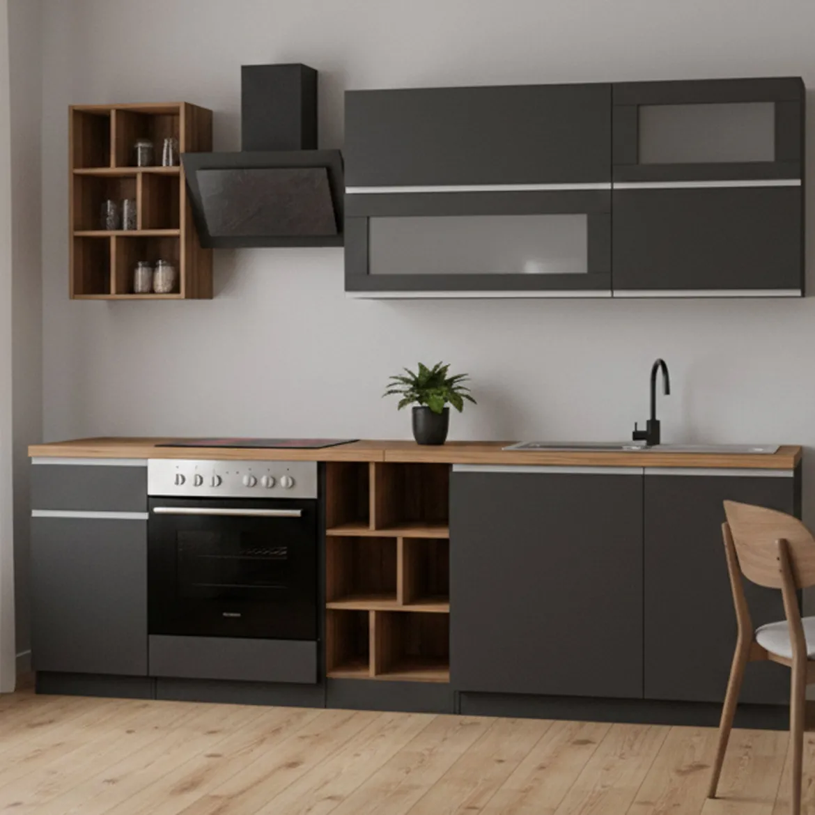 Cucina Grigio Ardesia Marrone Rovere un Cassetto 19 Ripiani, 7 Ante Made in Italy - Attimis