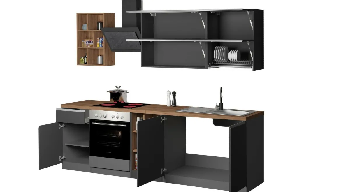Cucina Grigio Ardesia Marrone Rovere un Cassetto 19 Ripiani, 7 Ante Made in Italy - Attimis