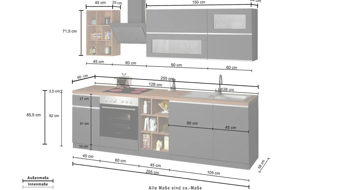 Cucina Grigio Ardesia Marrone Rovere un Cassetto 19 Ripiani, 7 Ante Made in Italy - Attimis