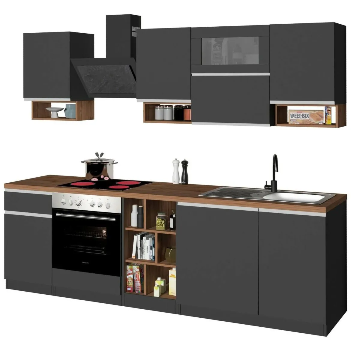 Cucina Grigio Ardesia Marrone Rovere un Cassetto 19 Ripiani, Modulabile Made in Italy - Attiko
