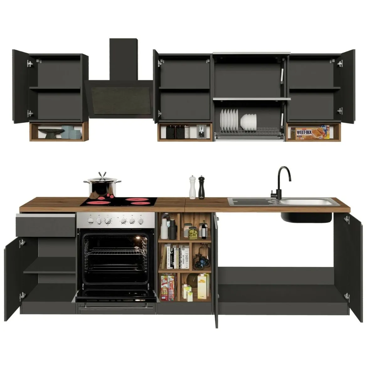 Cucina Grigio Ardesia Marrone Rovere un Cassetto 19 Ripiani, Modulabile Made in Italy - Attiko