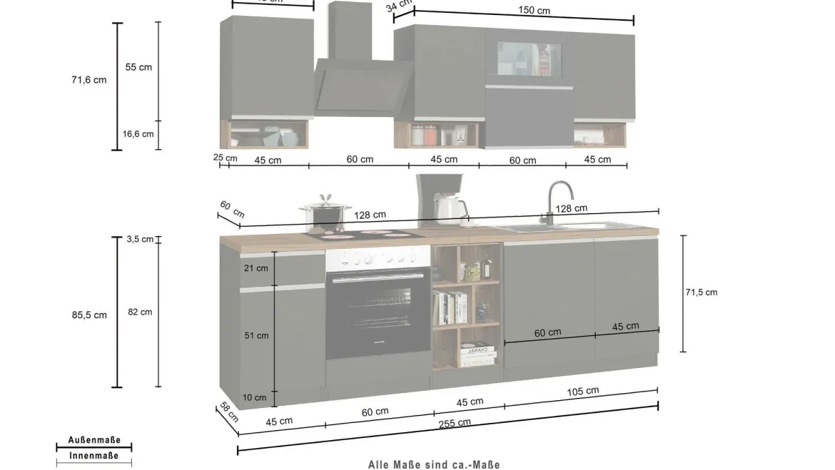 Cucina Grigio Ardesia Marrone Rovere un Cassetto 19 Ripiani, Modulabile Made in Italy - Attiko