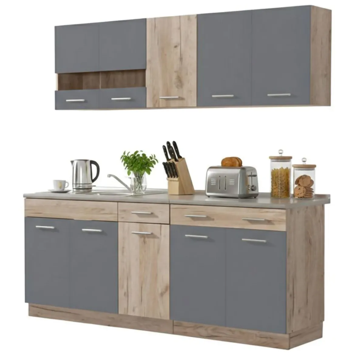 Cucina Nero Antracite Marrone Rovere 2 Cassetti 5 Ripiani, 10 Ante - Bornago