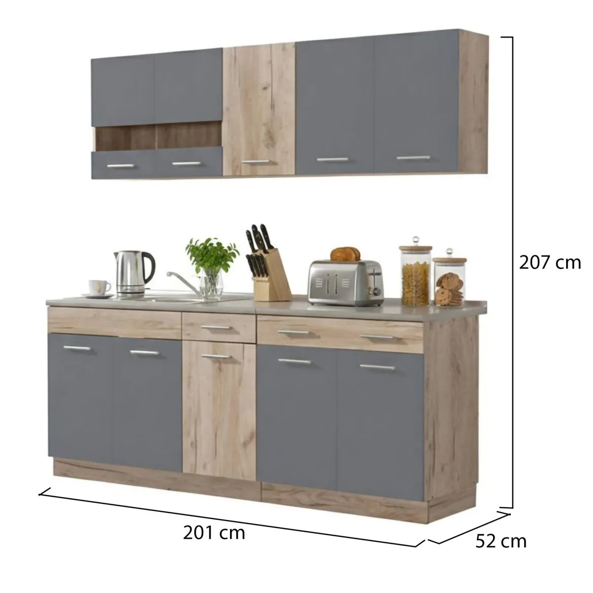 Cucina Nero Antracite Marrone Rovere 2 Cassetti 5 Ripiani, 10 Ante - Bornago