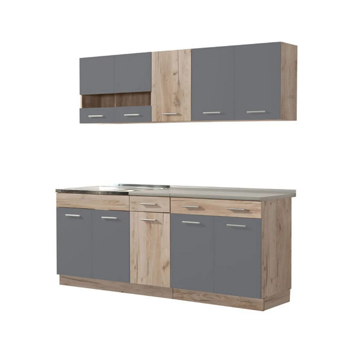 Cucina Nero Antracite Marrone Rovere 2 Cassetti 5 Ripiani, 10 Ante - Bornago