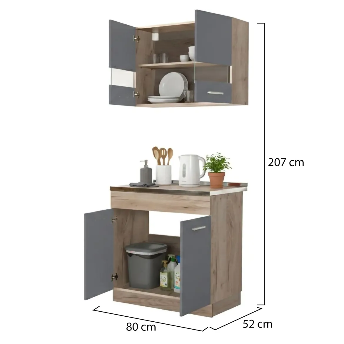 Cucina Nero Antracite Marrone Rovere 2 Ripiani Fori Piano Cottura e Lavello a Carico del Cliente, 3 Vani - Taurano