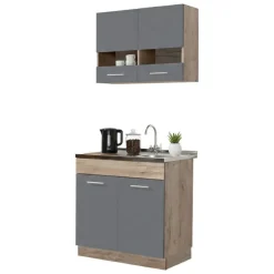 Cucina Nero Antracite Marrone Rovere 2 Ripiani Fori Piano Cottura e Lavello a Carico del Cliente, 3 Vani - Taurano