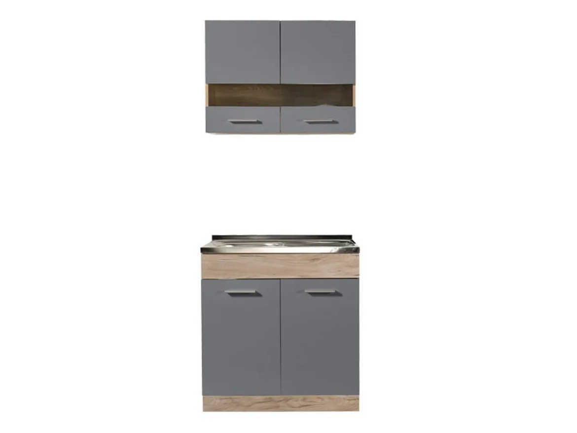 Cucina Nero Antracite Marrone Rovere 2 Ripiani Fori Piano Cottura e Lavello a Carico del Cliente, 3 Vani - Taurano