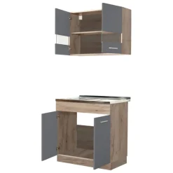 Cucina Nero Antracite Marrone Rovere 2 Ripiani Fori Piano Cottura e Lavello a Carico del Cliente, 3 Vani - Taurano