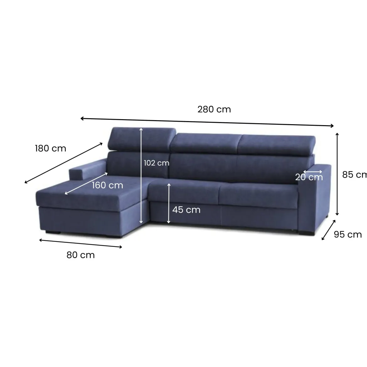 Divano angolare blu 280x95x85h cm - Akela