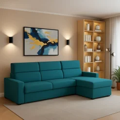 Divano Fisso con Penisola Azzurro Sfoderabile Reversibile 280x160 cm, Idrorepellente Multiposizione Made in Italy - Vigonovo