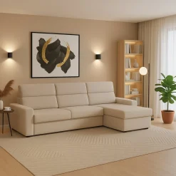 Divano Fisso con Penisola Beige Sfoderabile Reversibile 280x160 cm, Idrorepellente Multiposizione Made in Italy - Vigonovo