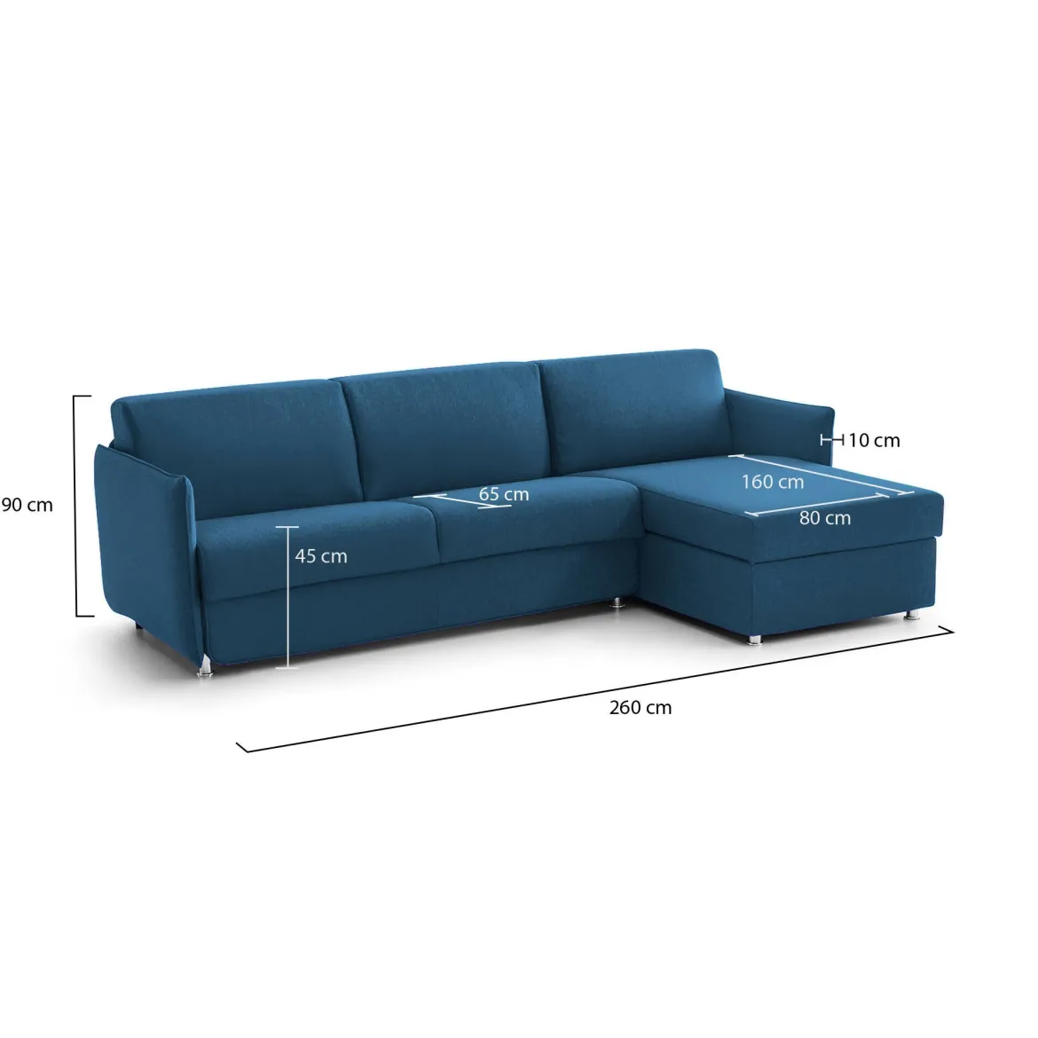 Divano Fisso con Penisola blu Sfoderabile Reversibile 260x160 cm, Idrorepellente Multiposizione Made in Italy - Posina