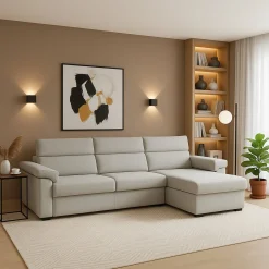 Divano Fisso con Penisola Grigio Chiaro Sfoderabile Idrorepellente Multiposizione 285x160 cm, Lavabile Made in Italy - Ceto