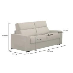 Divano Fisso 3 Posti Beige Sfoderabile Lavabile 220x95 cm, Braccioli Made in Italy - Ozegna