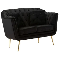 Divano Fisso 2 Posti Nero oro Effetto Velluto Trapuntato Braccioli 130x83x91h cm, Cuscini Inclusi - Diskit