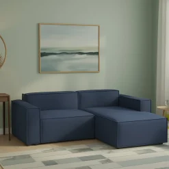 Divano in legno e ferro rivestito in tessuto blu 240x170x70h cm - Ameli