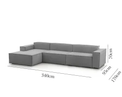 Divano in legno e ferro rivestito in tessuto grigio 340x170x70h cm - Atrillo