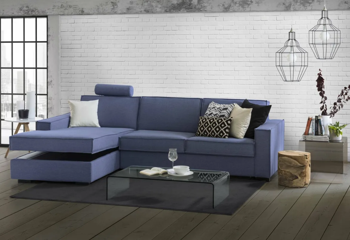 Divano in legno massello rivestito in tessuto blu 280x95x90h cm - Anila