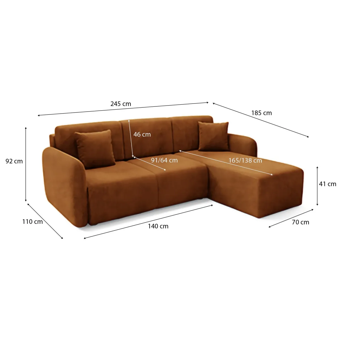 Divano Letto con Penisola Arancione Contenitore Reversibile 245x185 cm, Reclinabile - Ranco