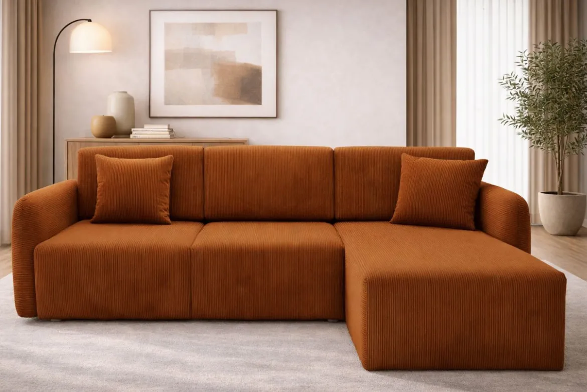 Divano Letto con Penisola Arancione Contenitore Reversibile 245x185 cm, Reclinabile - Ranco