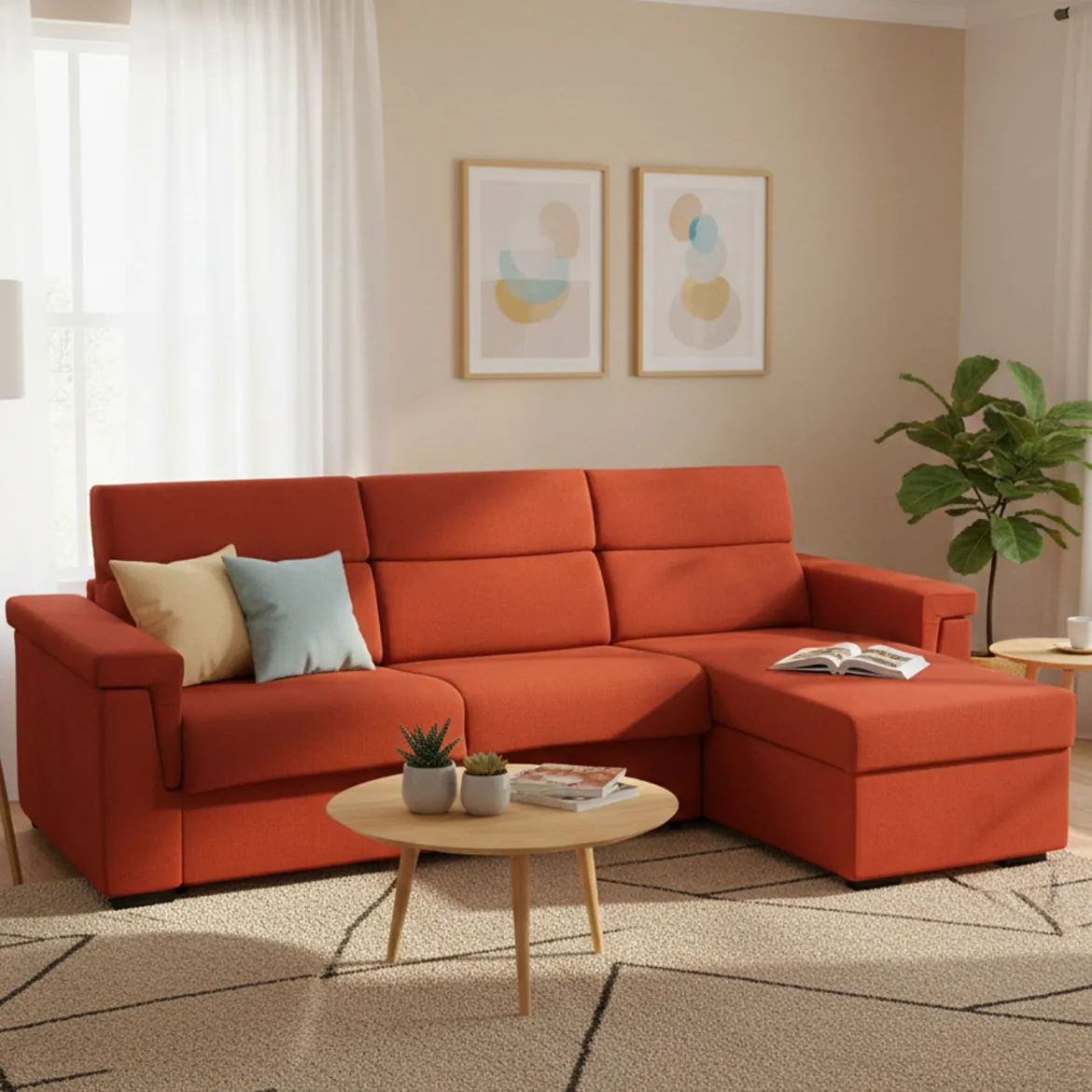 Divano Letto con Penisola Arancione Sfoderabile Contenitore 285x160 cm, Idrorepellente Trasformabile in Letto Made in Italy - Ganzaria