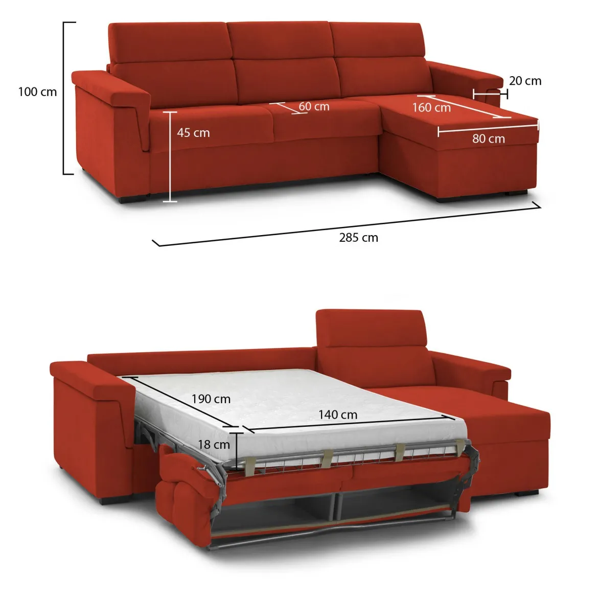 Divano Letto con Penisola Arancione Sfoderabile Contenitore 285x160 cm, Idrorepellente Trasformabile in Letto Made in Italy - Ganzaria