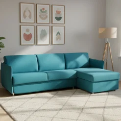 Divano Letto con Penisola Azzurro Sfoderabile Contenitore 260x160 cm, Idrorepellente Multiposizione Trasformabile in Letto Made in Italy - Scordia