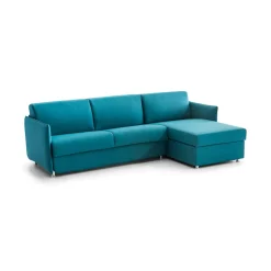 Divano Letto con Penisola Azzurro Sfoderabile Contenitore 260x160 cm, Idrorepellente Multiposizione Trasformabile in Letto Made in Italy - Scordia