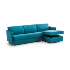 Divano Letto con Penisola Azzurro Sfoderabile Contenitore 260x160 cm, Idrorepellente Multiposizione Trasformabile in Letto Made in Italy - Sumirago
