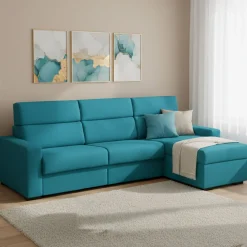 Divano Letto con Penisola Azzurro Sfoderabile Contenitore 280x160 cm, Idrorepellente Multiposizione Trasformabile in Letto Made in Italy - Celleno