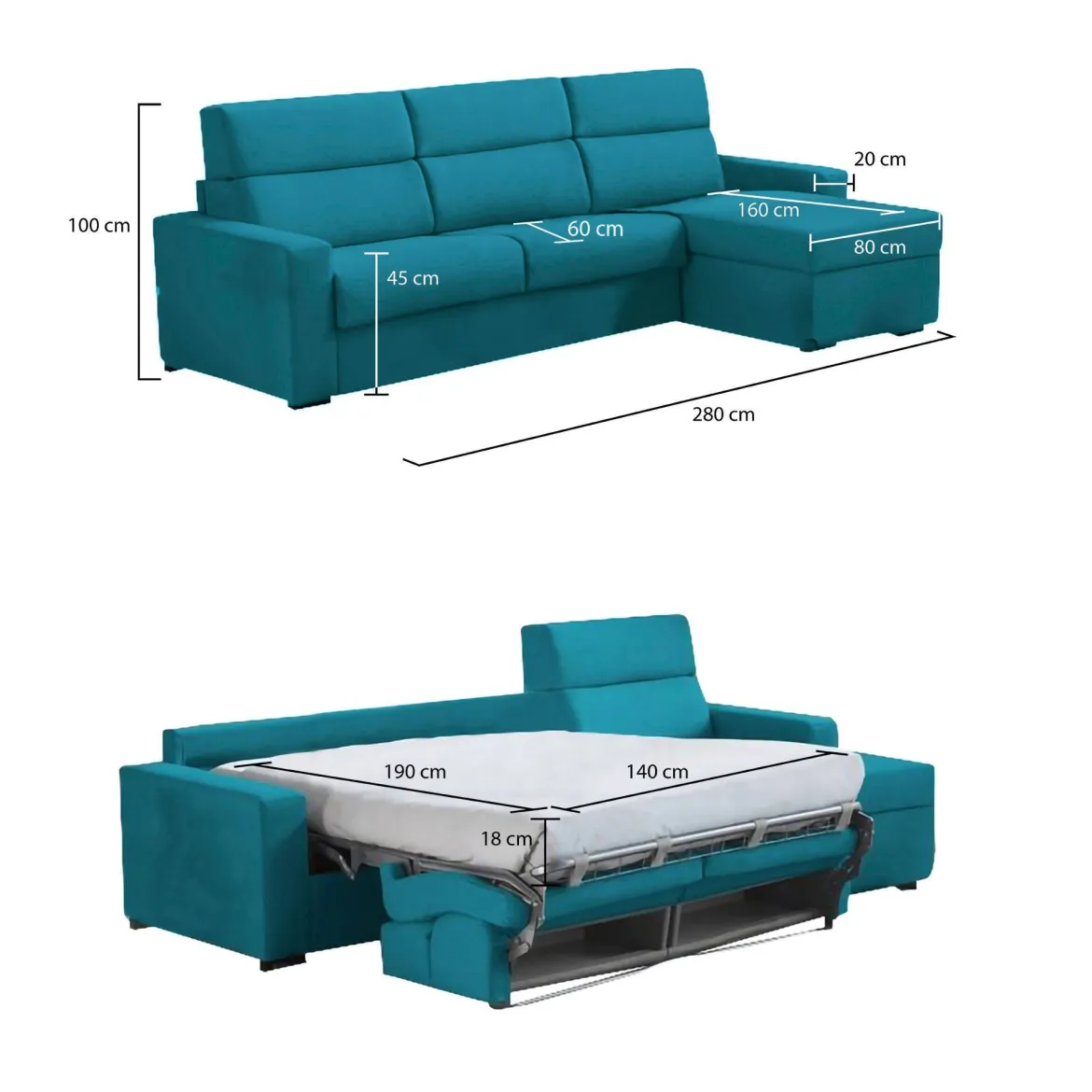 Divano Letto con Penisola Azzurro Sfoderabile Contenitore 280x160 cm, Idrorepellente Multiposizione Trasformabile in Letto Made in Italy - Celleno