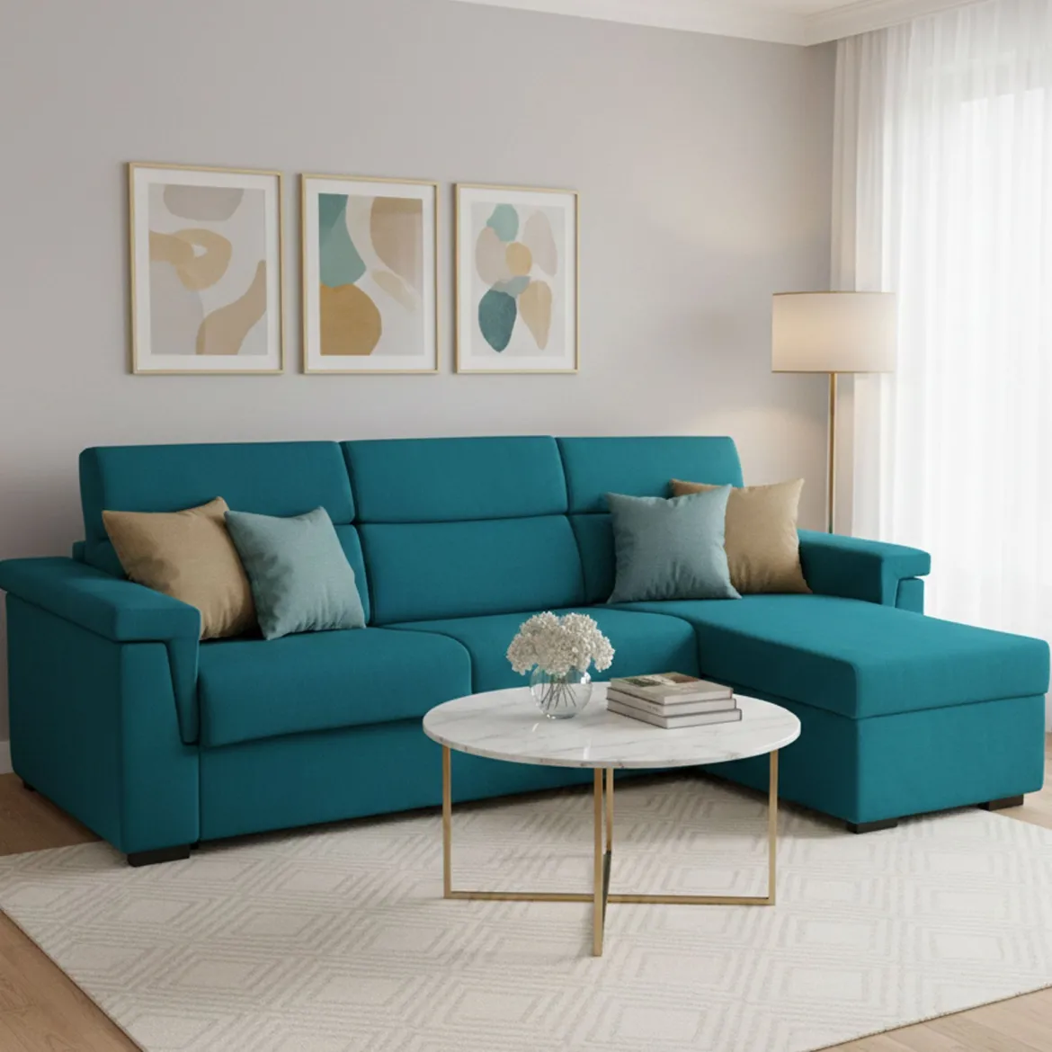 Divano Letto con Penisola Azzurro Sfoderabile Contenitore 285x160 cm, Idrorepellente Multiposizione Trasformabile in Letto Made in Italy - Priverno